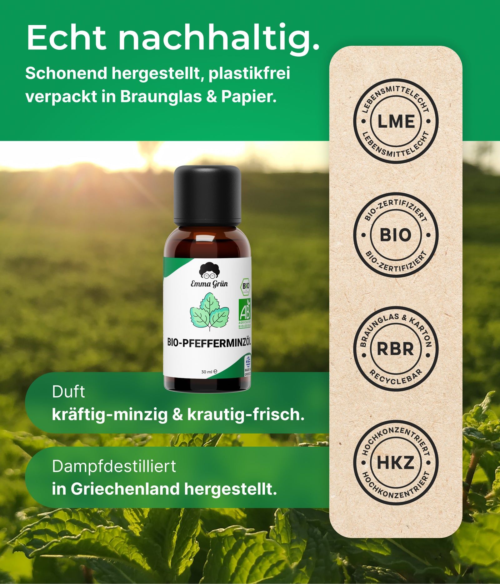 Emma Grün® ätherisches Bio Pfefferminzöl naturrein & hochdosiert