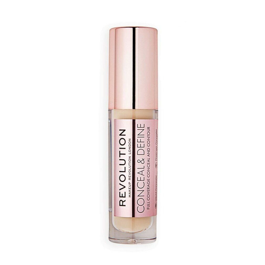 Concealer-Tube mit roségoldfarbenem Deckel. Auf dem Etikett steht "CONCEAL & DEFINE" und "MAKEUP REVOLUTION LONDON".