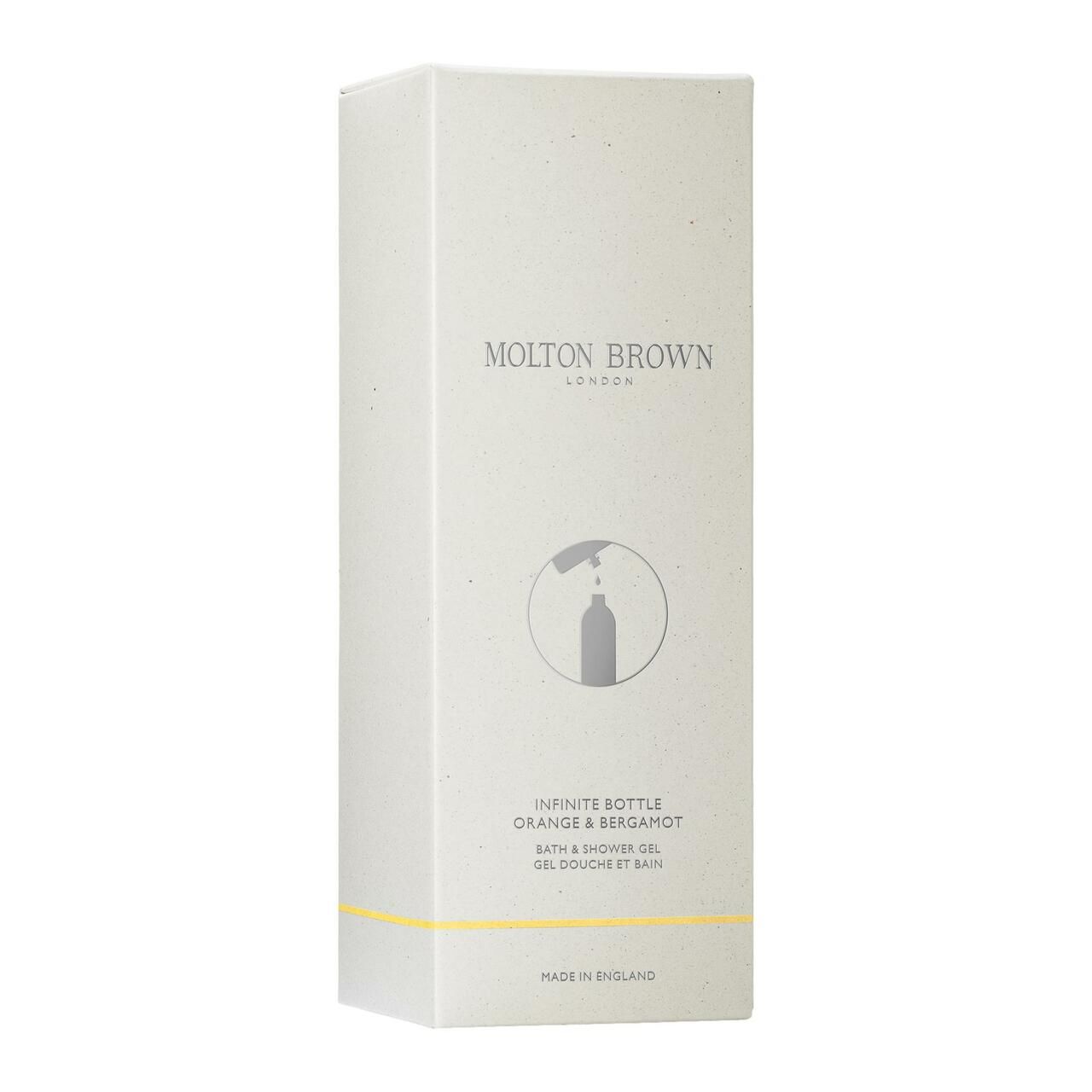Hohe, rechteckige Verpackung. Weiß mit Produktinformationen und Molton Brown Logo. Gelber Streifen.