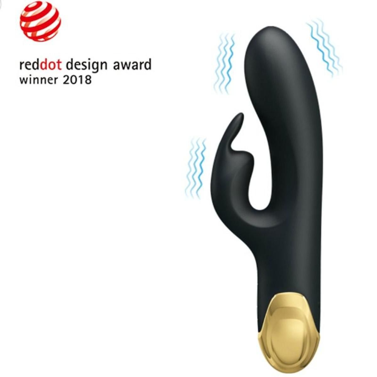 Schwarzer Vibrator mit goldfarbenem Akzent. Auszeichnung: Red Dot Design Award 2018. Wellen-Symbol.