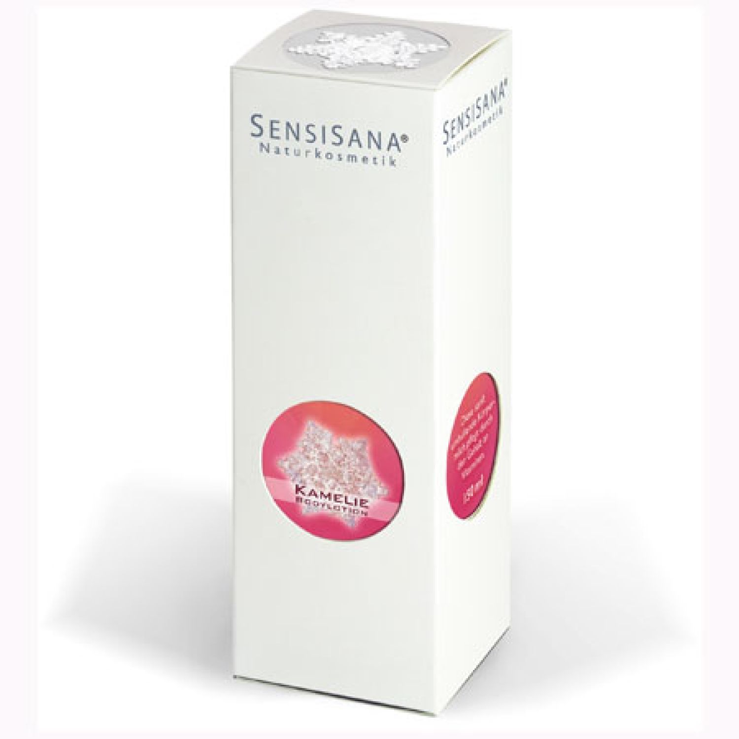 Weiße Verpackung mit Logo und Produktbezeichnung. Runder Aufkleber mit Produktnamen und rosa Farbverlauf. Kamelie Bodylotion.