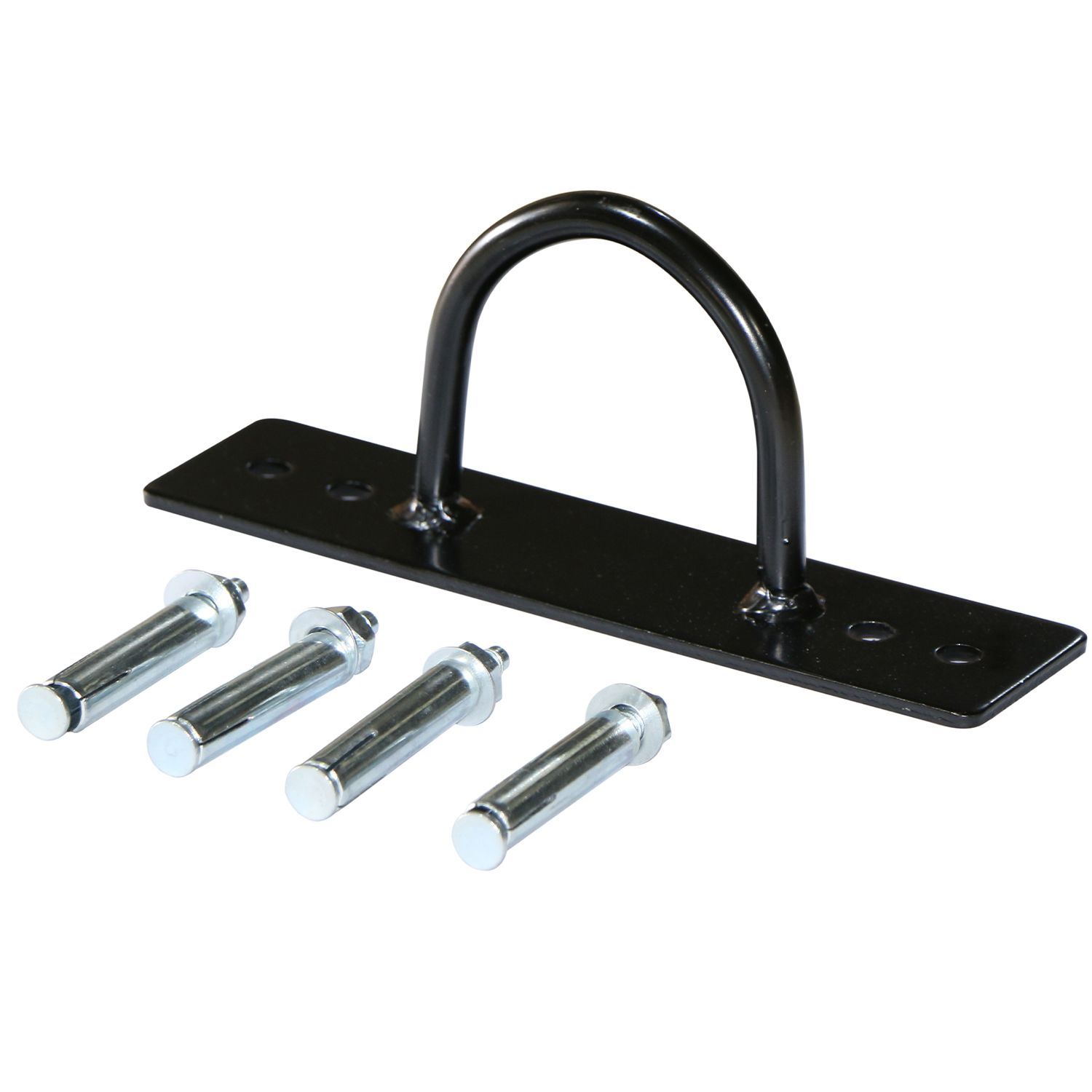 Schwarze Metallhalterung mit gebogenem Griff und vier Schrauben. Fitness-Zubehör.