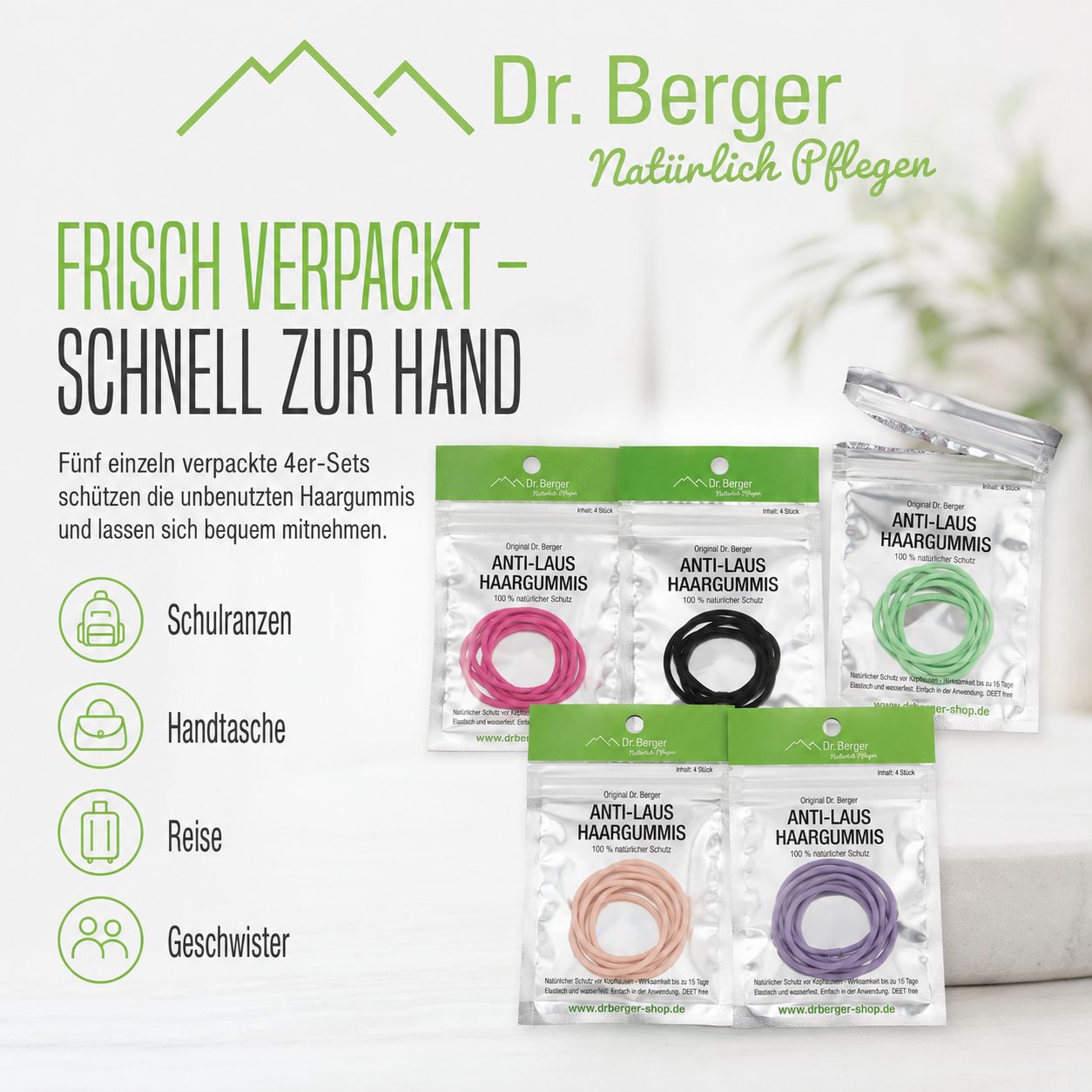 Fünf einzeln verpackte 4er-Sets Anti-Laus-Haargummis in verschiedenen Farben. Praktisch für unterwegs.