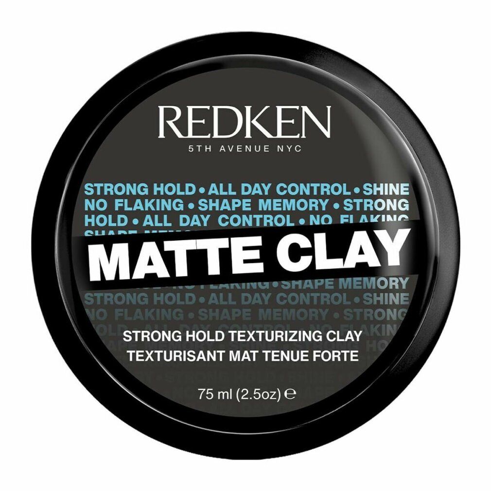 Runde, schwarze Dose. Aufschrift: REDKEN, MATTE CLAY, 75 ml. Text: Strong Hold Texturizing Clay, Texturisant Mat Tenue Forte.
