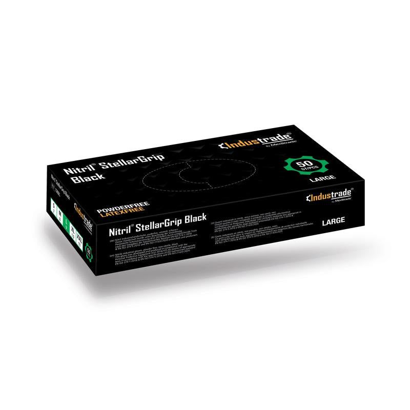Schwarze Box mit Aufschrift "Nitril StellarGrip Black". Enthält 50 Handschuhe, Größe L. Marke: CindusTrade.