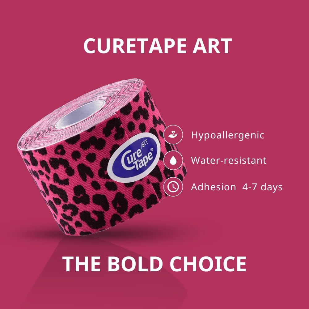 Rolle CureTape Art Kinesiologie Tape mit Leopardenmuster. Eigenschaften: hypoallergen, wasserfest, Haftung 4-7 Tage.