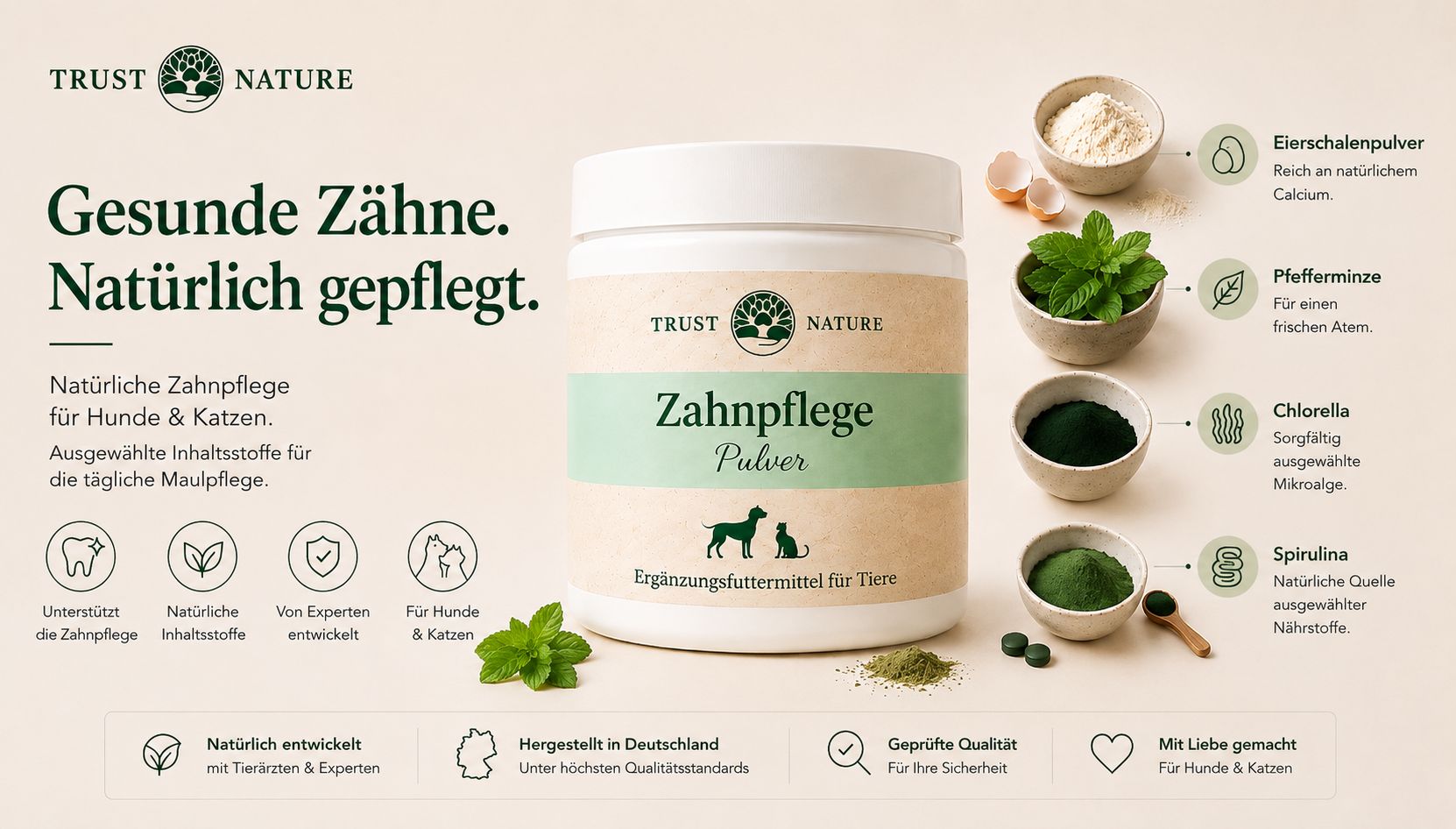 Trust Nature Zahnpflege Pulver Dose mit Zutaten und Icons.