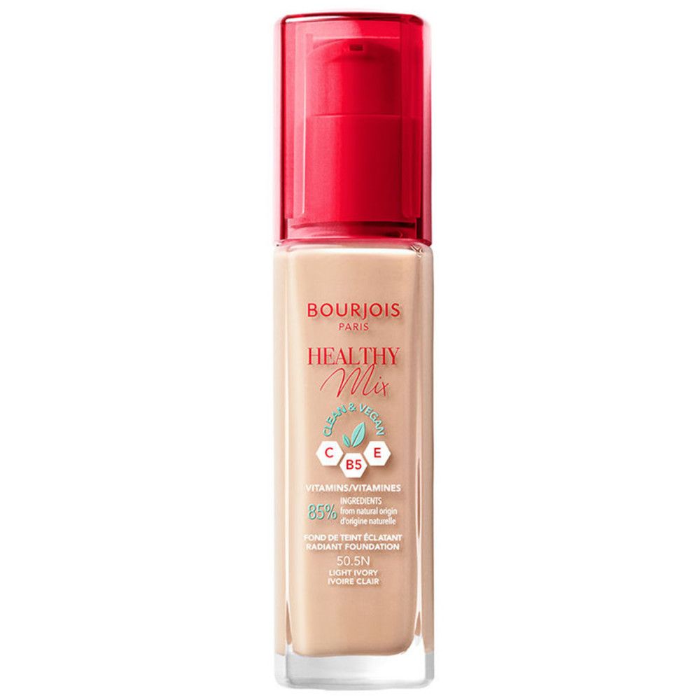 Bourjois Healthy Mix Clean Foundation, Flasche mit rotem Pumpdeckel. Aufschrift: 50.5N Light Ivory.