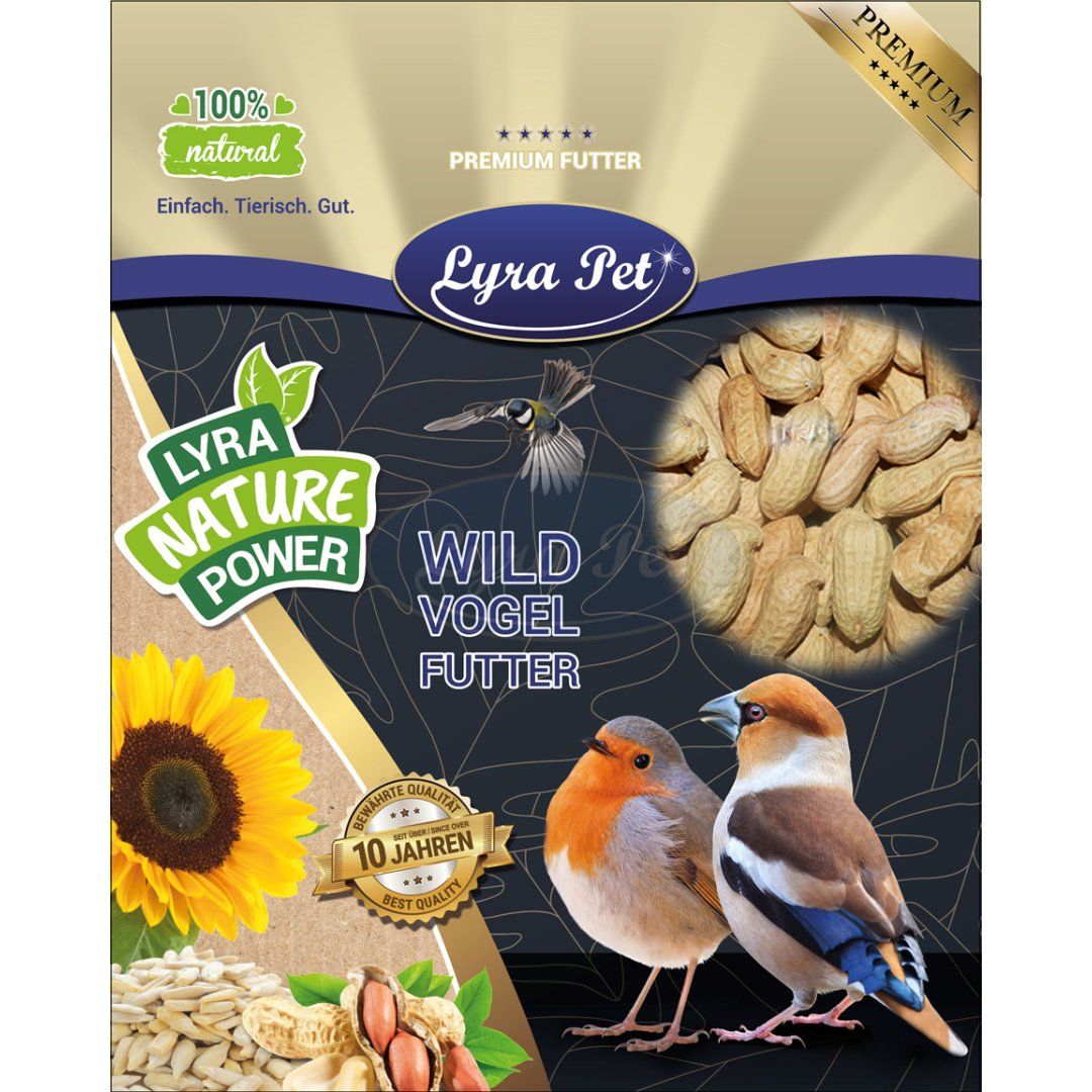 Lyra Pet® Wildvogelfutter-Packung. Enthält Erdnusskerne in Schoten, Sonnenblumenkerne. Mit Logo, Text und Abbildungen von Vögeln.