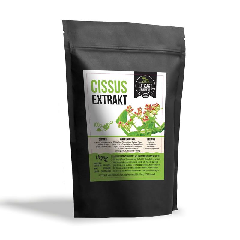Schwarzer Beutel mit weißem Etikett. Aufschrift: Cissus Extrakt, 100g, Vegan. Illustration von Cissus Quadrangularis.