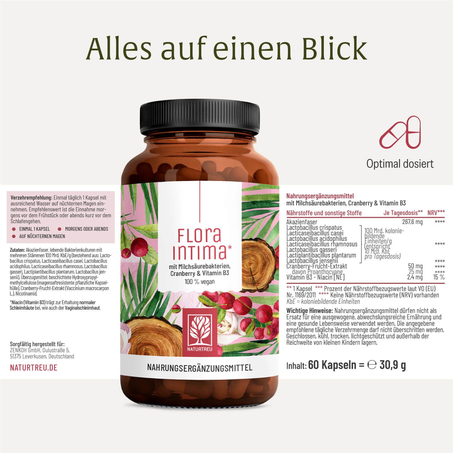 Produkt FLORAINTIMA in Braunglasflasche mit Kapseln. Text: Milchsäurebakterien, Cranberry & Vitamin B3. PETA-Siegel.