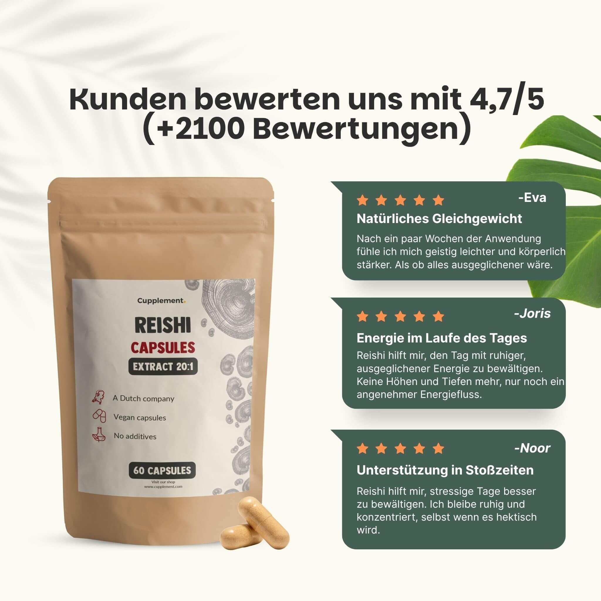 Text: Kunden bewerten uns mit 4,7/5. Bewertungen. Kapsel-Beutel. Drei Kundenbewertungen mit Sternen.