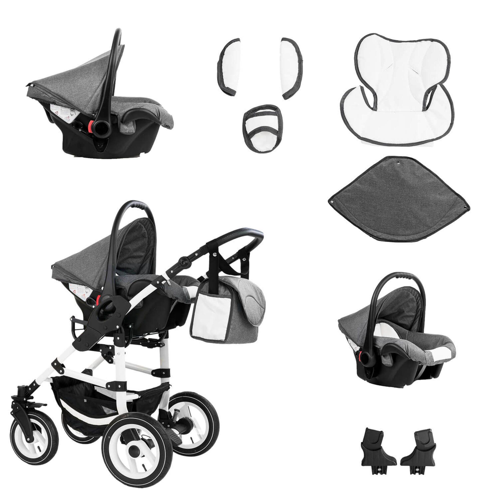 Bebebi Florenz 4 in 1 Kinderwagen Komplettset ISOFIX Basis Luftreifen, Marco Darkgrey White