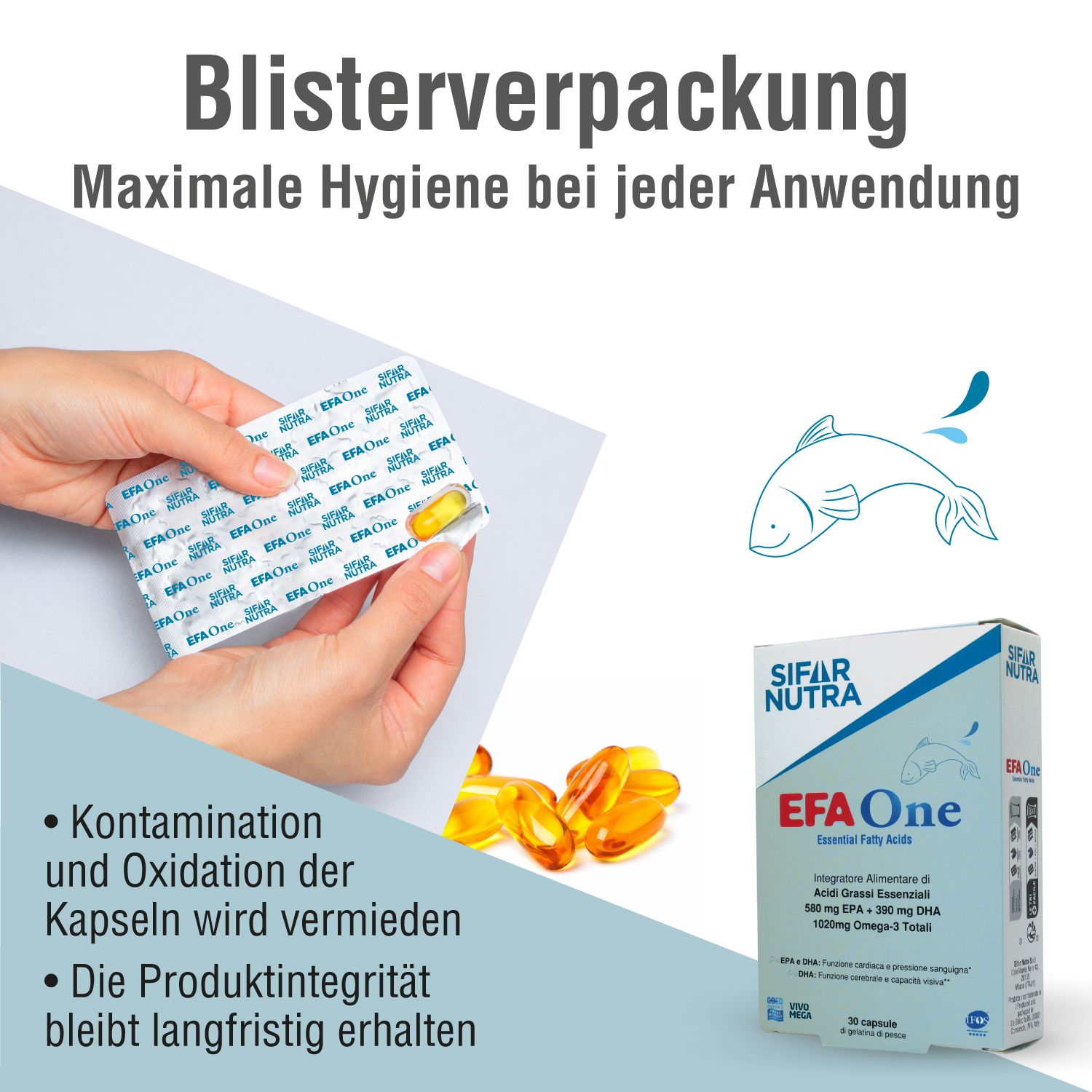 Hände halten Blisterpackung mit Kapseln. Daneben Packung Sifar Nutra EFA One. Text: Maximale Hygiene.