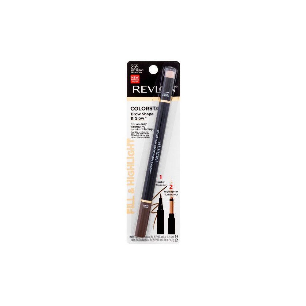 Revlon ColorStay Brow Shape & Glow Augenbrauenstift in Verpackung. Schwarz-brauner Stift mit hellbrauner Spitze und Bürste. Text: Fill & Highlight.
