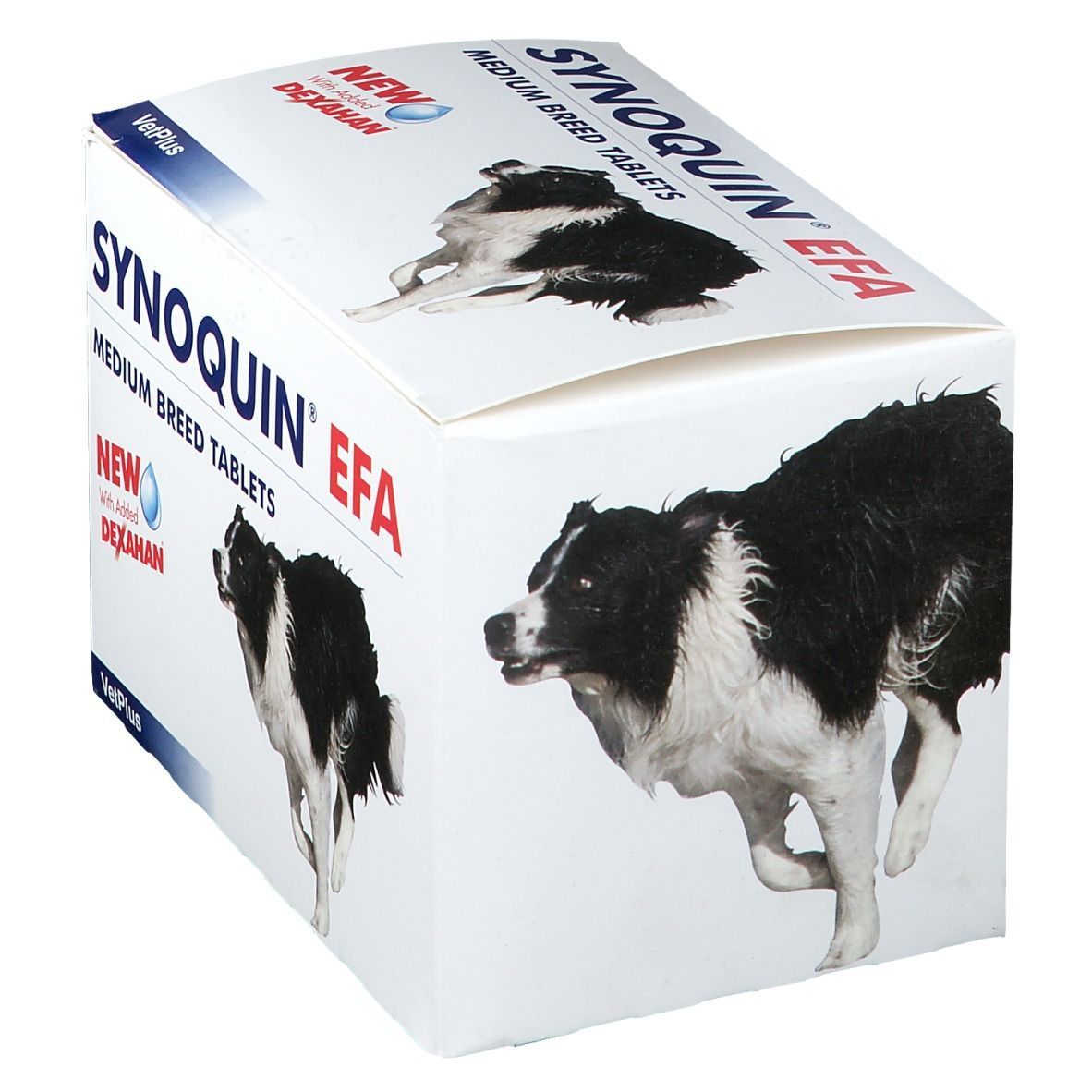 Weiße Verpackung mit Produktnamen und Hundebildern. Aufschrift: Synoquin EFA Medium Breed Tablets.