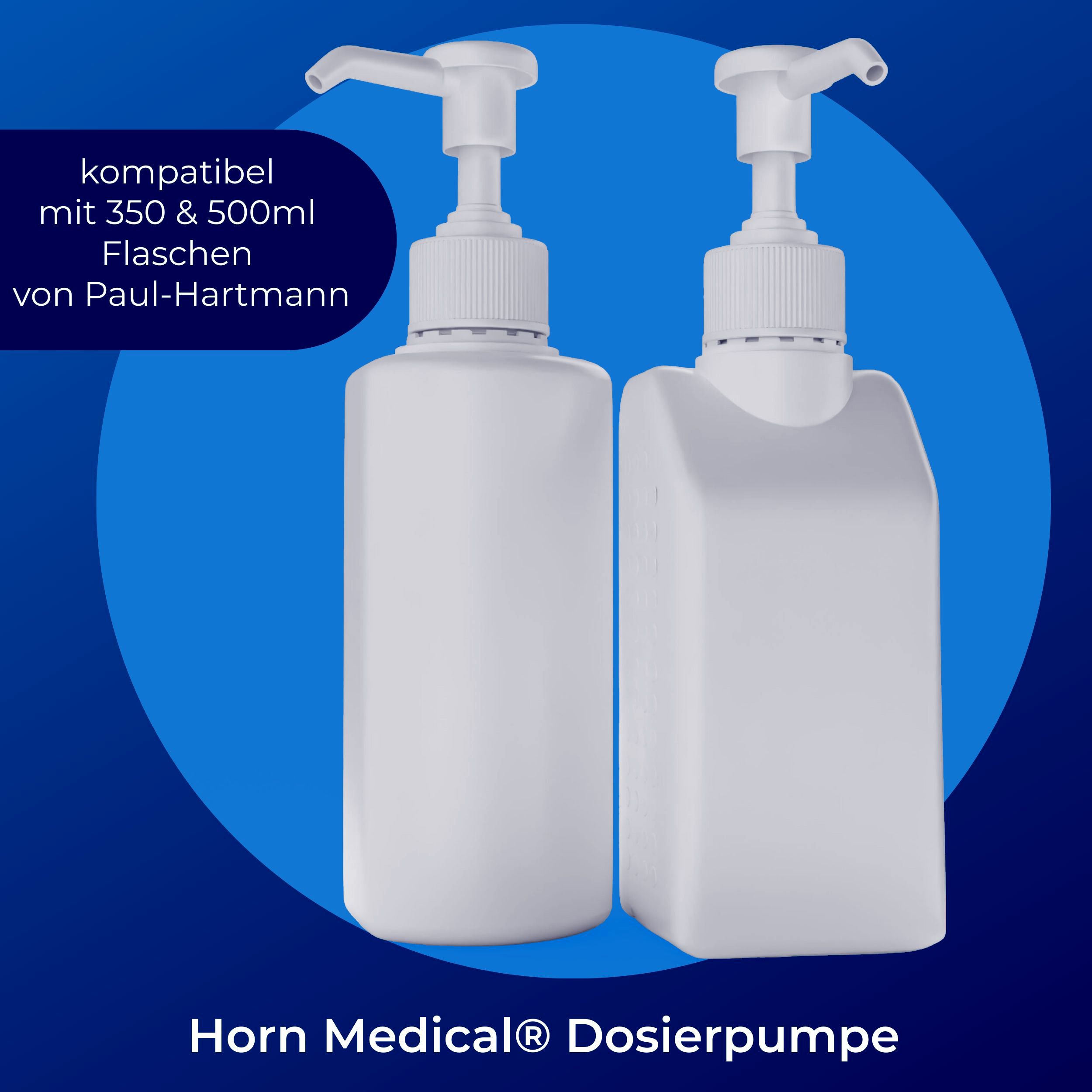 Zwei weiße Dosierpumpen auf blauem Hintergrund. Text: kompatibel mit 350 & 500ml Flaschen von Paul-Hartmann. Horn Medical Dosierpumpe.