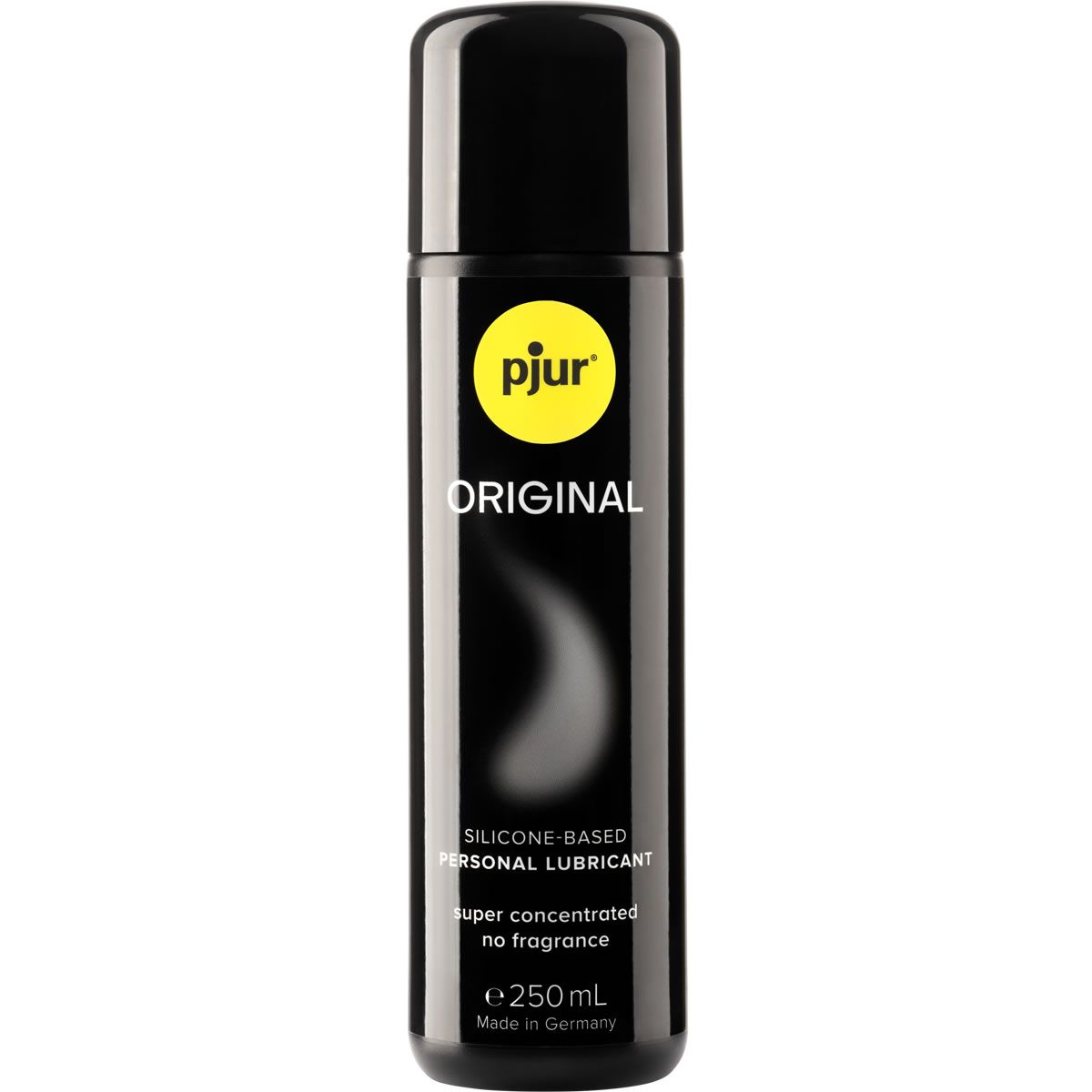 Schwarze Flasche mit gelbem Etikett. Aufschrift: pjur ORIGINAL, SILICONE-BASED PERSONAL LUBRICANT, super concentrated no fragrance, e 250mL. Made in Germany.