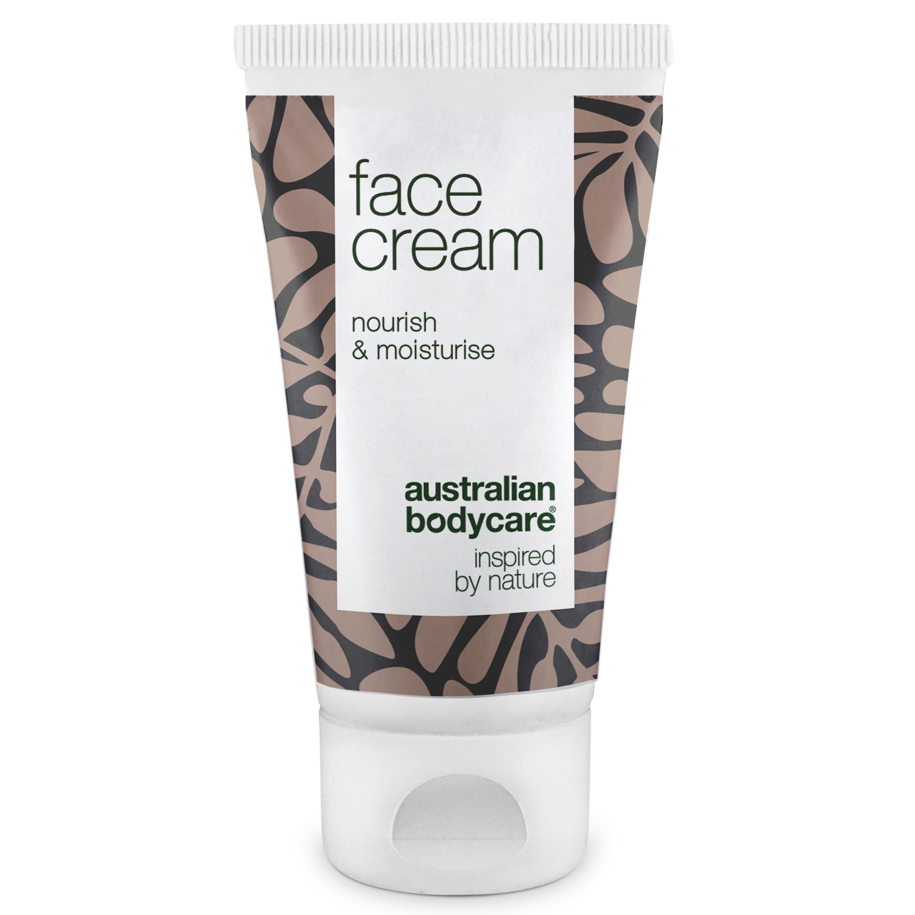 Tubo di crema con tappo bianco. Scritta: face cream, nourish & moisturise. Logo Australian Bodycare.