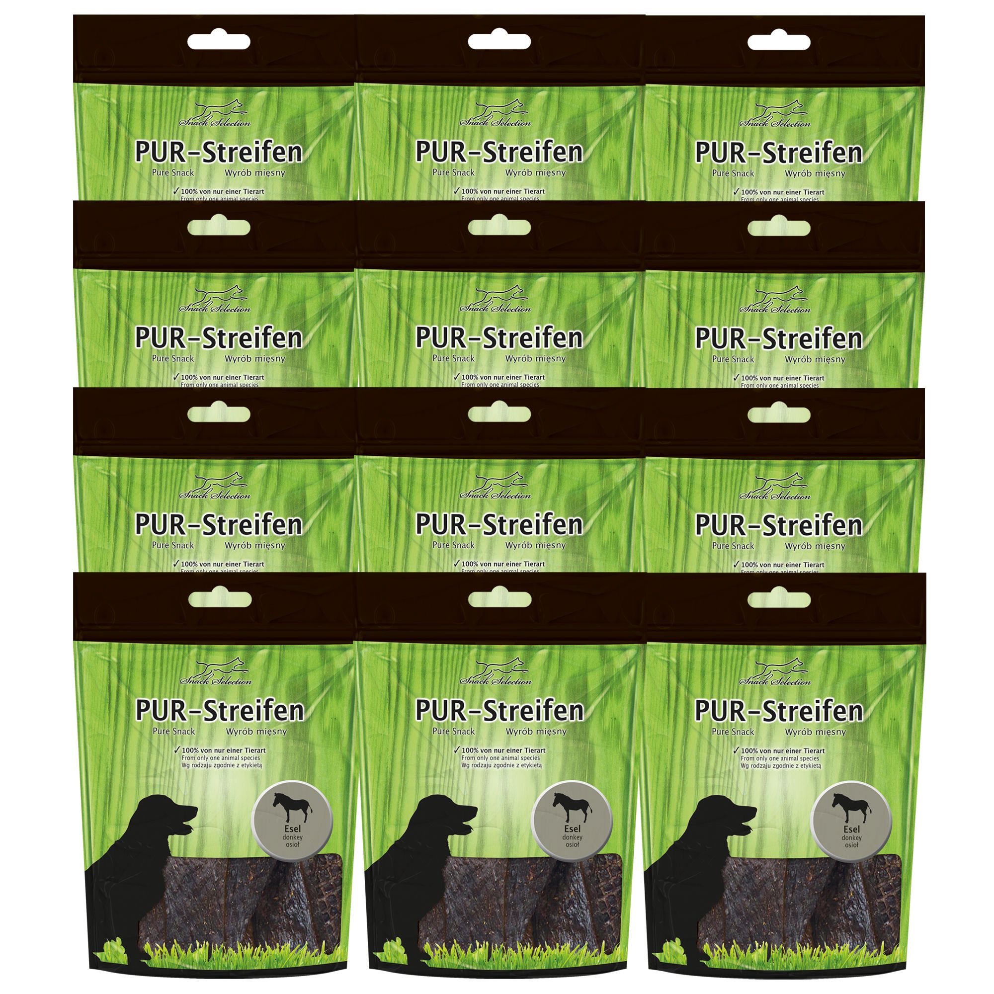 Mehrere Packungen PUR-Streifen. Grün-transparente Beutel mit Produktbezeichnung, Hundesilhouette und Esel-Kennzeichnung. Aufgereiht vor grünem Hintergrund.