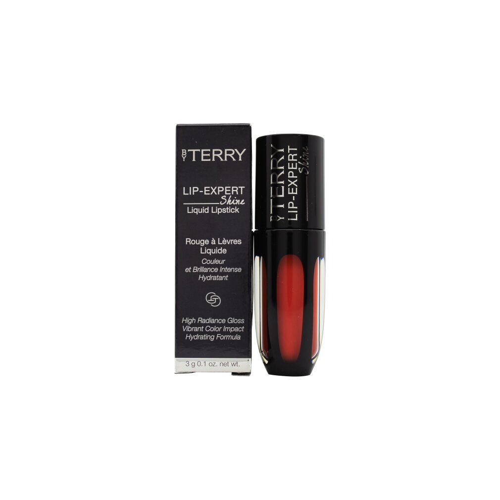 TERRY LIP-EXPERT SHINE flüssiger Lippenstift in Rot. Schwarze Verpackung mit Produktinformationen.