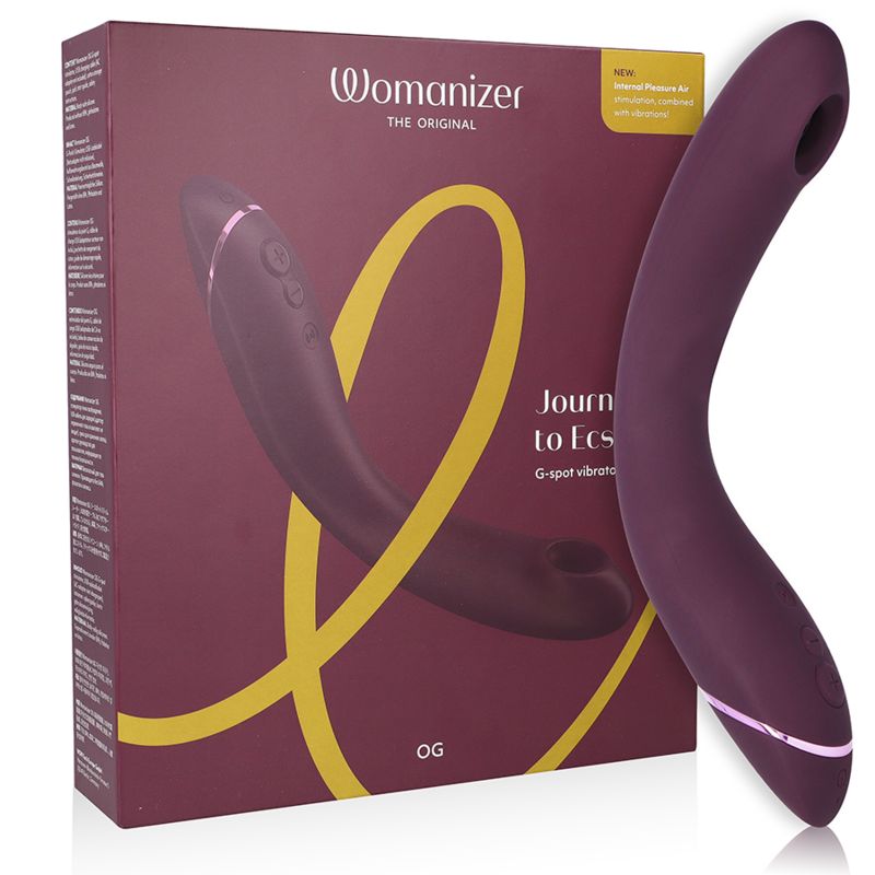 Verpackung und lila Stimulator. Text: 'Womanizer THE ORIGINAL', 'Journey to Ecstasy'.