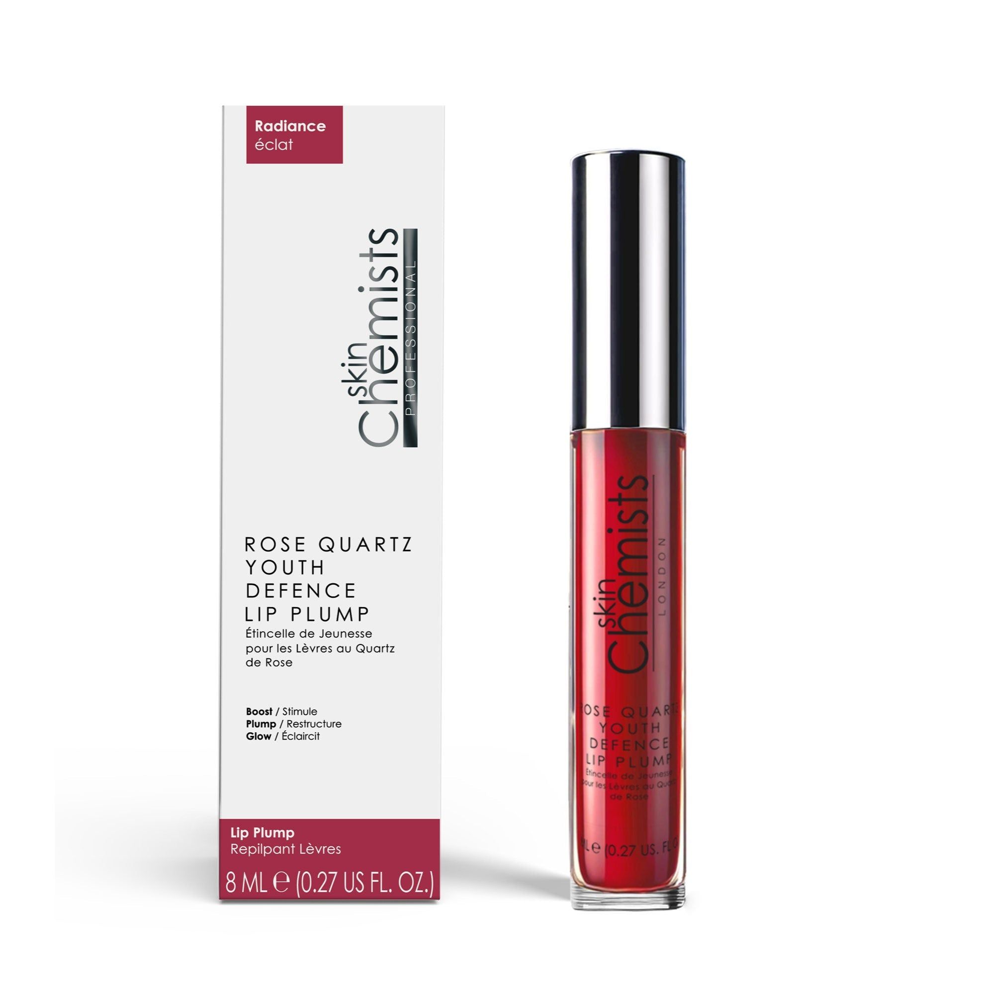 Verpackung und Lip Plump. Verpackung: Skin Chemists, Rose Quartz Youth Defence Lip Plump. Lip Plump: rot, silberner Deckel.