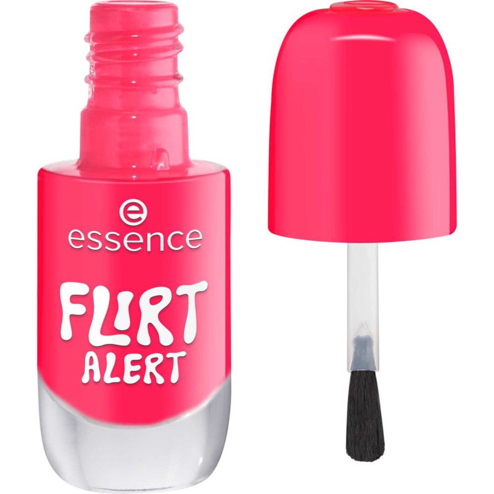 Nagellackflasche, pinkfarben, geöffnet. Deckel daneben. Bürste sichtbar. Aufschrift: Essence, Flirt Alert.