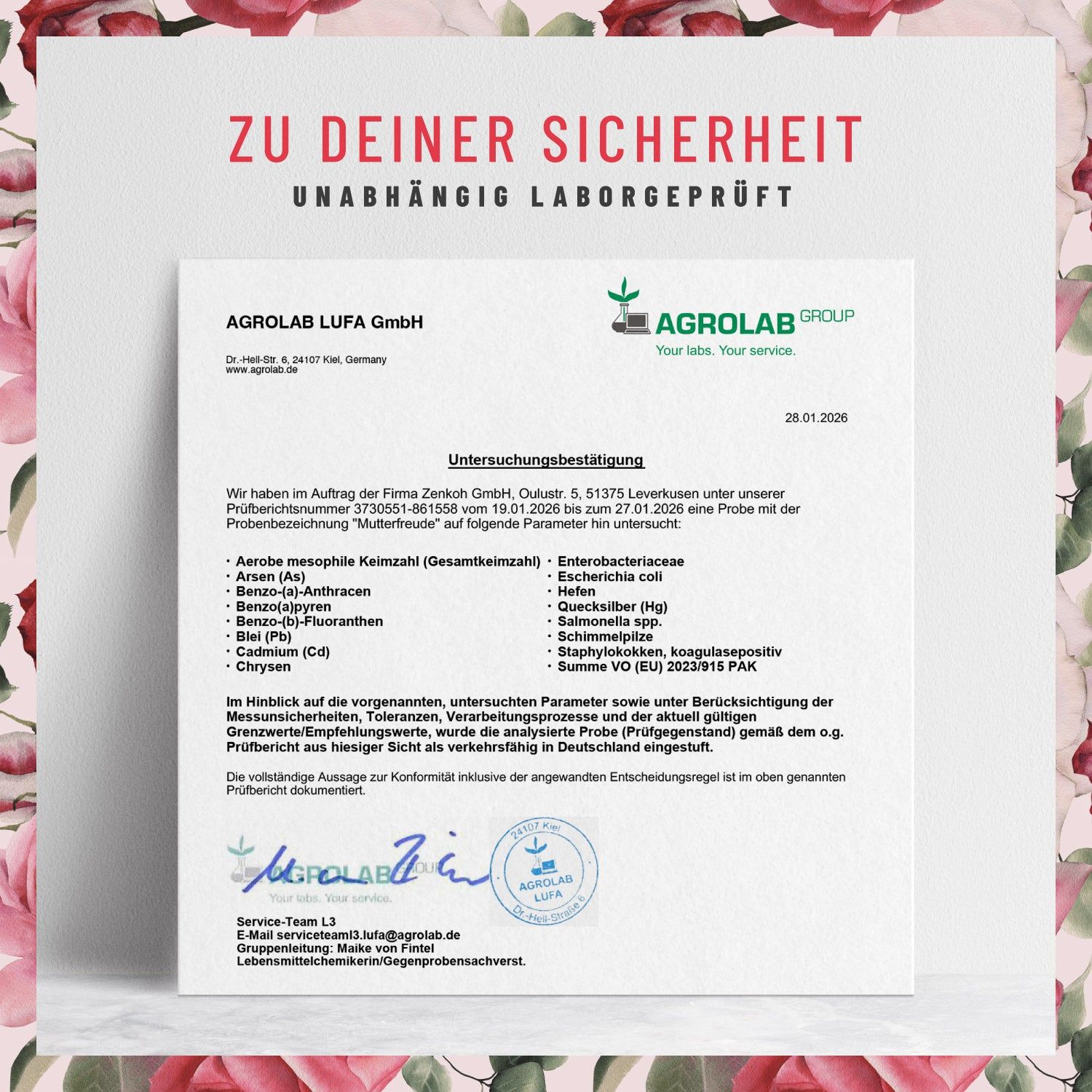 Zertifikat von Agrolab LUFA GmbH. Text: Untersuchungsergebnis. Analyse von Keimzahl, Arsen, etc. Unterschrift.