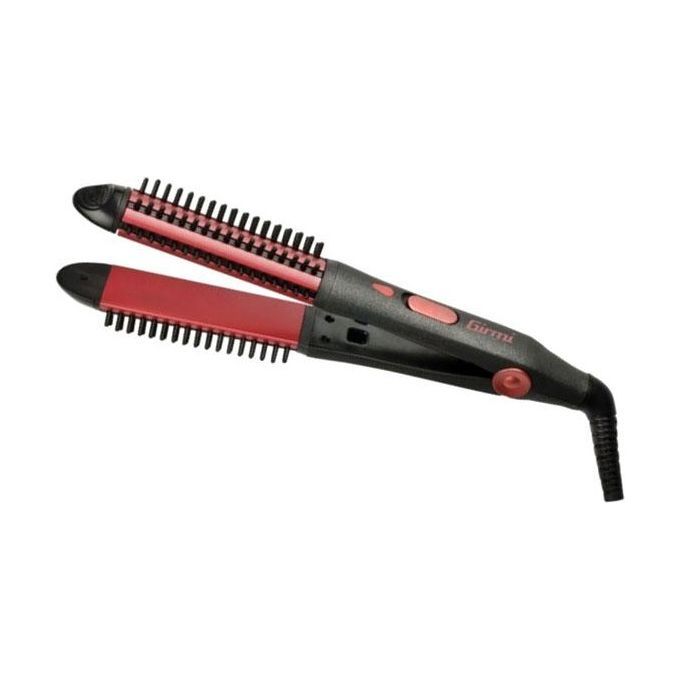 È raffigurata la piastra per capelli-arricciacapelli Girmi PC35, 55W. Il dispositivo è di colore nero e rosso. È composto da due parti con denti. L'impugnatura è nera con dettagli rossi e il marchio Girmi.
