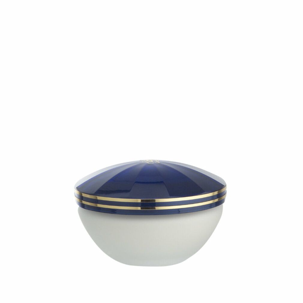 Weißes, rundes Gefäß mit blauem Deckel und goldenen Zierstreifen. Deckel mit geriffelter Oberfläche.