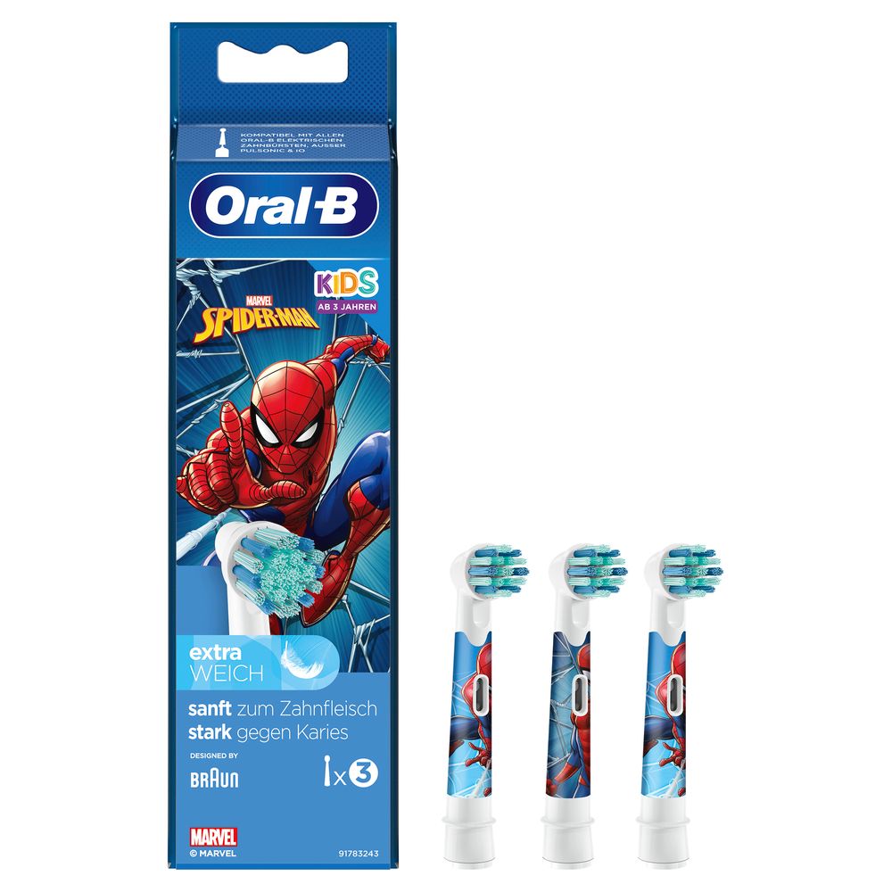 Oral-B Aufsteckbürsten "Spiderman" mit Verpackung. Extra weich, sanft zum Zahnfleisch. 3 Stück. Verpackung mit Spiderman-Motiv.