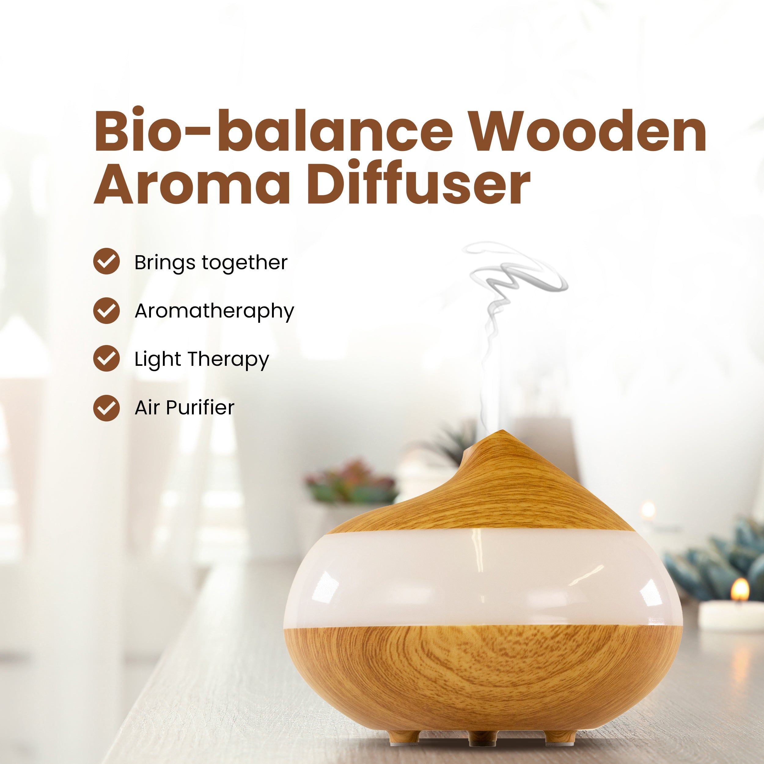Holzfarbener Aroma-Diffusor mit weißem Lichtband. Dampf steigt auf. Text: Bio-Balance Aroma-Diffusor. Funktionen: Aromatherapie, Lichttherapie, Luftreiniger.