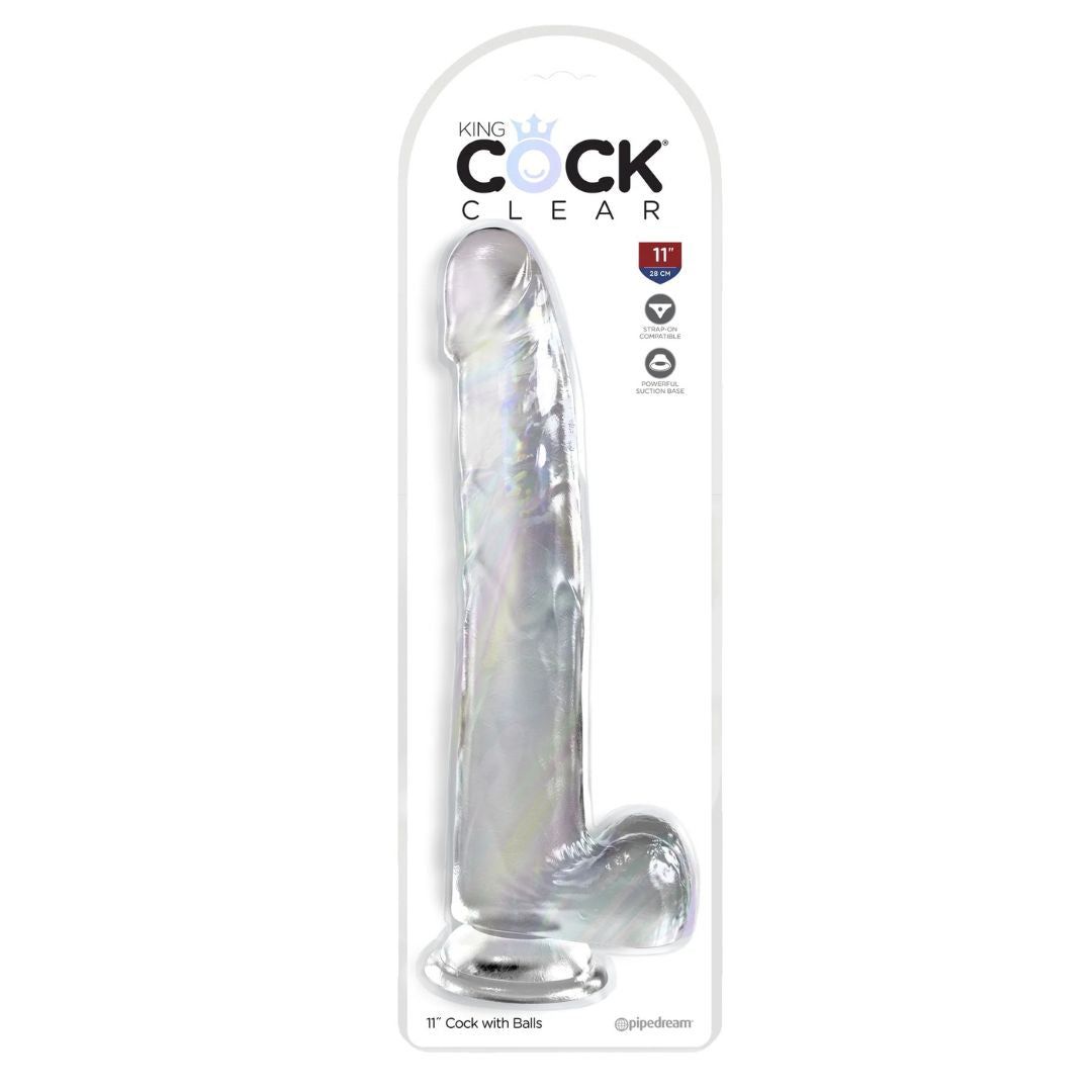Dildo in Verpackung. Klar, mit Hoden. Marke King Cock Clear, 11 Zoll.