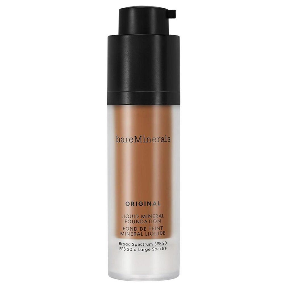 Flüssigfoundation in einer transparenten Flasche mit schwarzem Pumpverschluss. Aufschrift: ORIGINAL, Liquid Mineral Foundation, SPF 20.