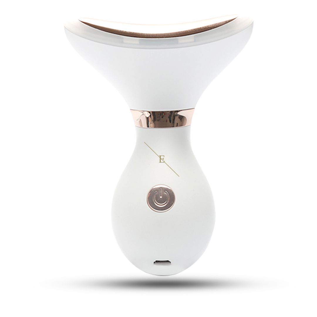 Weißes LED-Gerät für Hals und Kinn, mit goldfarbenen Akzenten. Power-Taste und Ladeanschluss.