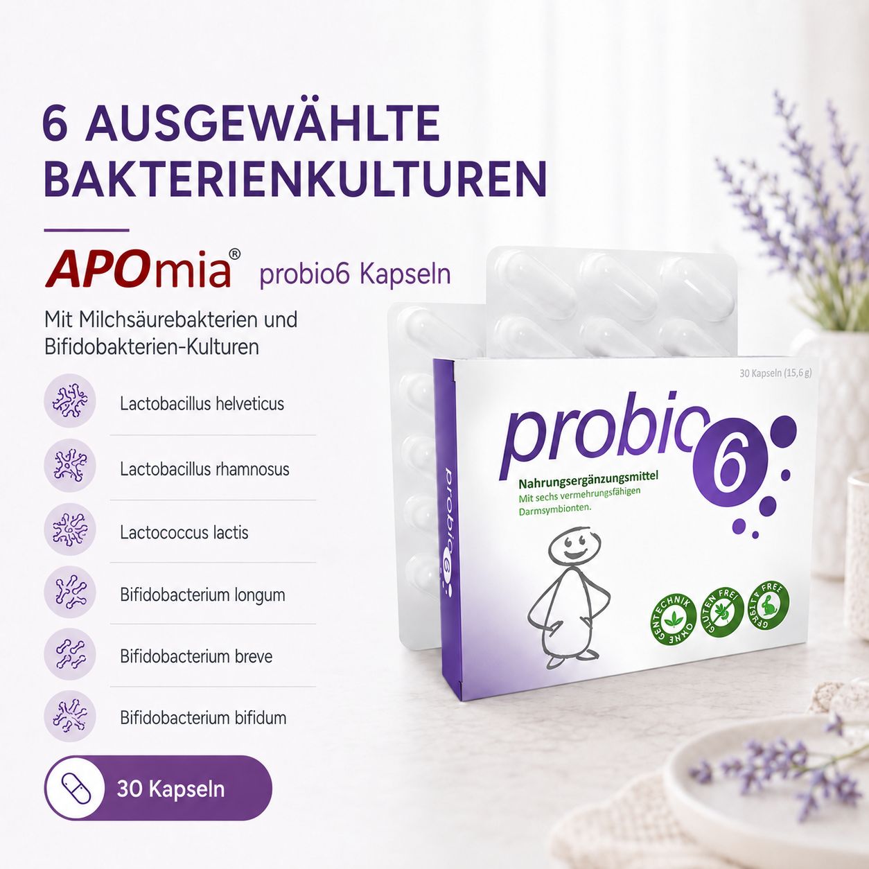 Verpackung von probio6 Kapseln mit Liste der 6 Bakterienkulturen und Qualitätssiegeln.