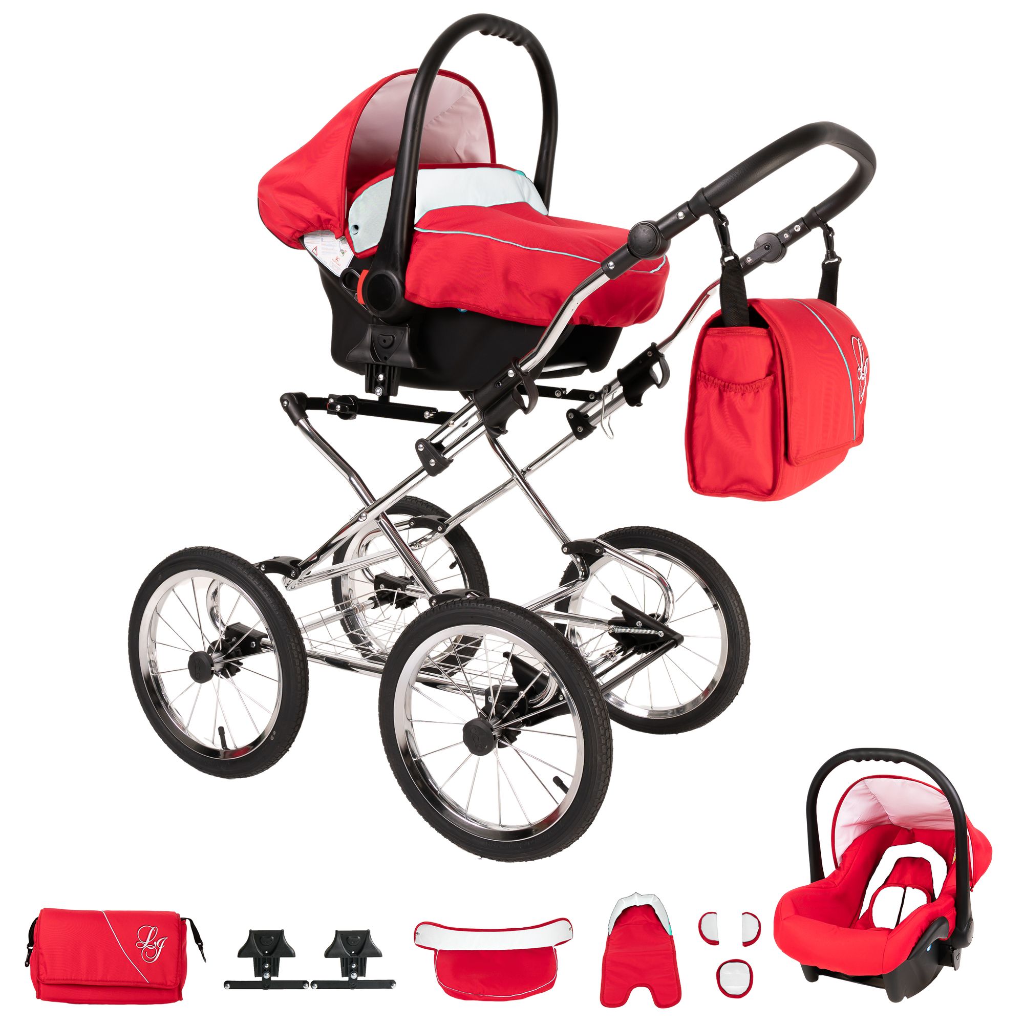 Bebebi Loving 4 in 1 Kinderwagen Komplettset ISOFIX Basis Nostalgie Kinderwagen, Red Ardent