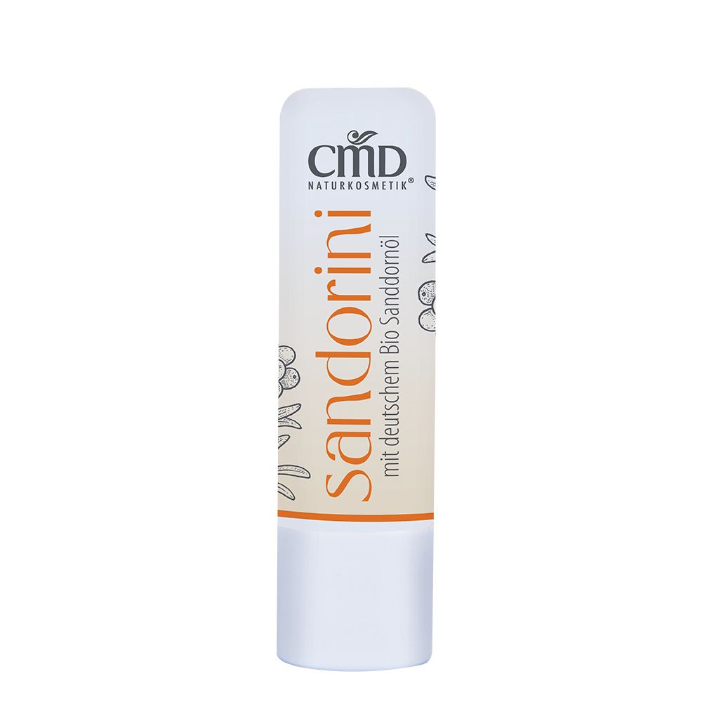 Lippenpflegestift. Weißer Stift mit orangefarbenem Streifen und Aufschrift "sandorini". Marke: CMD Naturkosmetik.