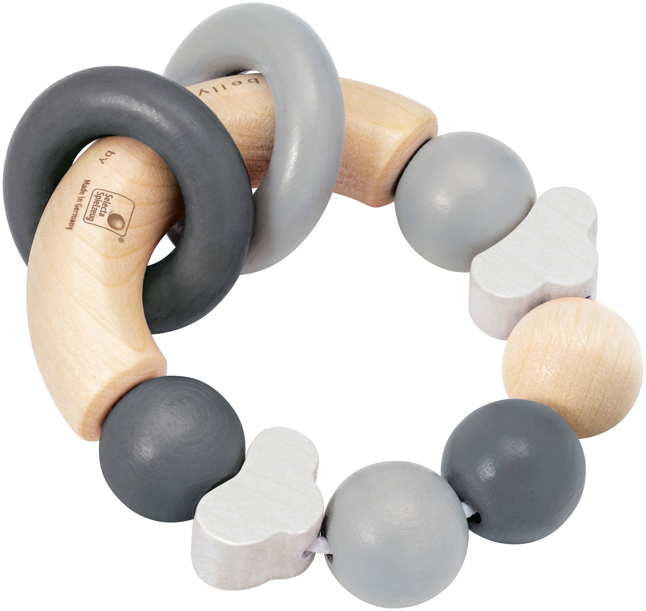 Grau-farbiger Beißring mit Holz- und Kugelelementen. Enthält Ringe, Kugeln und formgeschnittene Teile. Marke Selecta®.