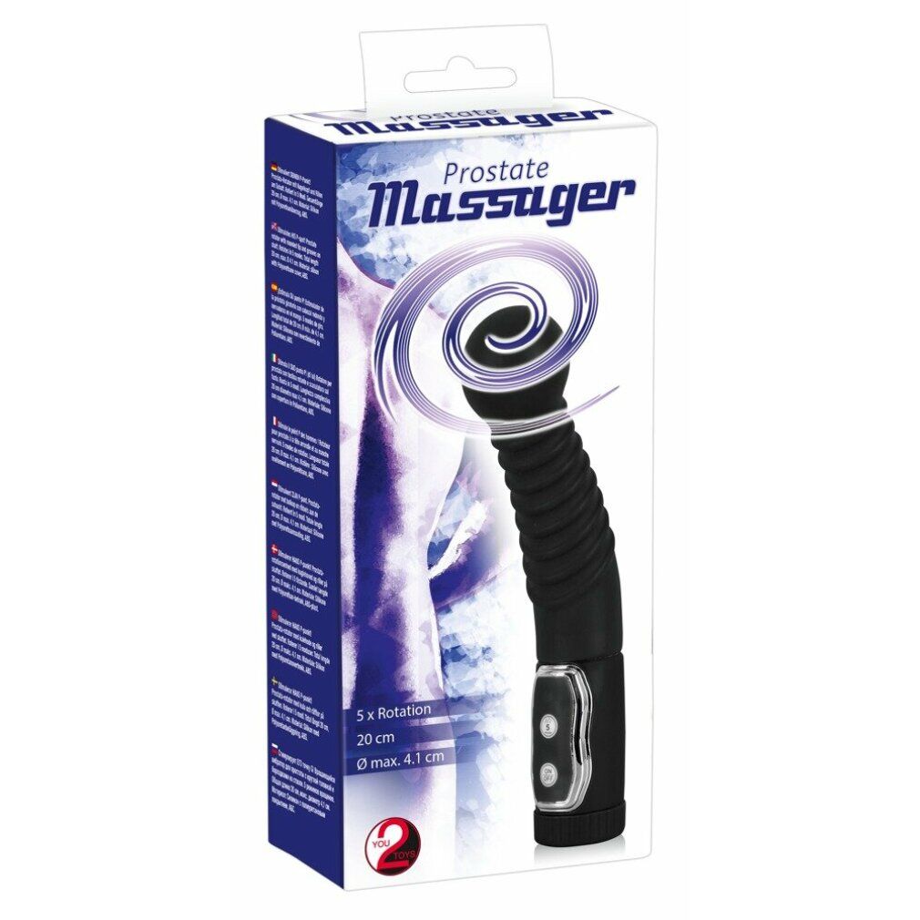 Verpackung mit Massagegerät. Text: Prostate Massager, 5x Rotation, 20 cm, Ø max. 4.1 cm.