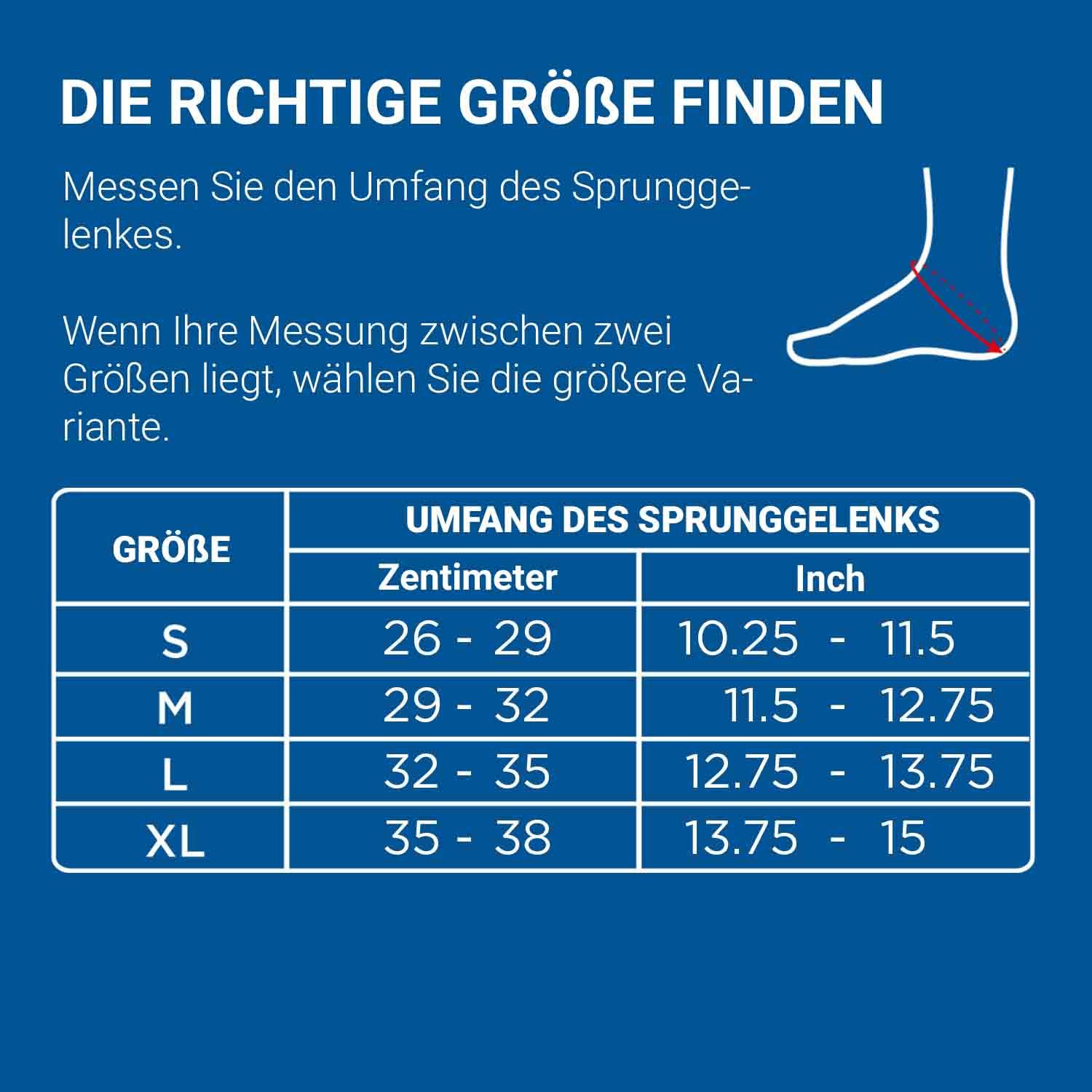 Tabelle zur Größenbestimmung. Größen S-XL. Umfang des Sprunggelenks in cm und Inch.