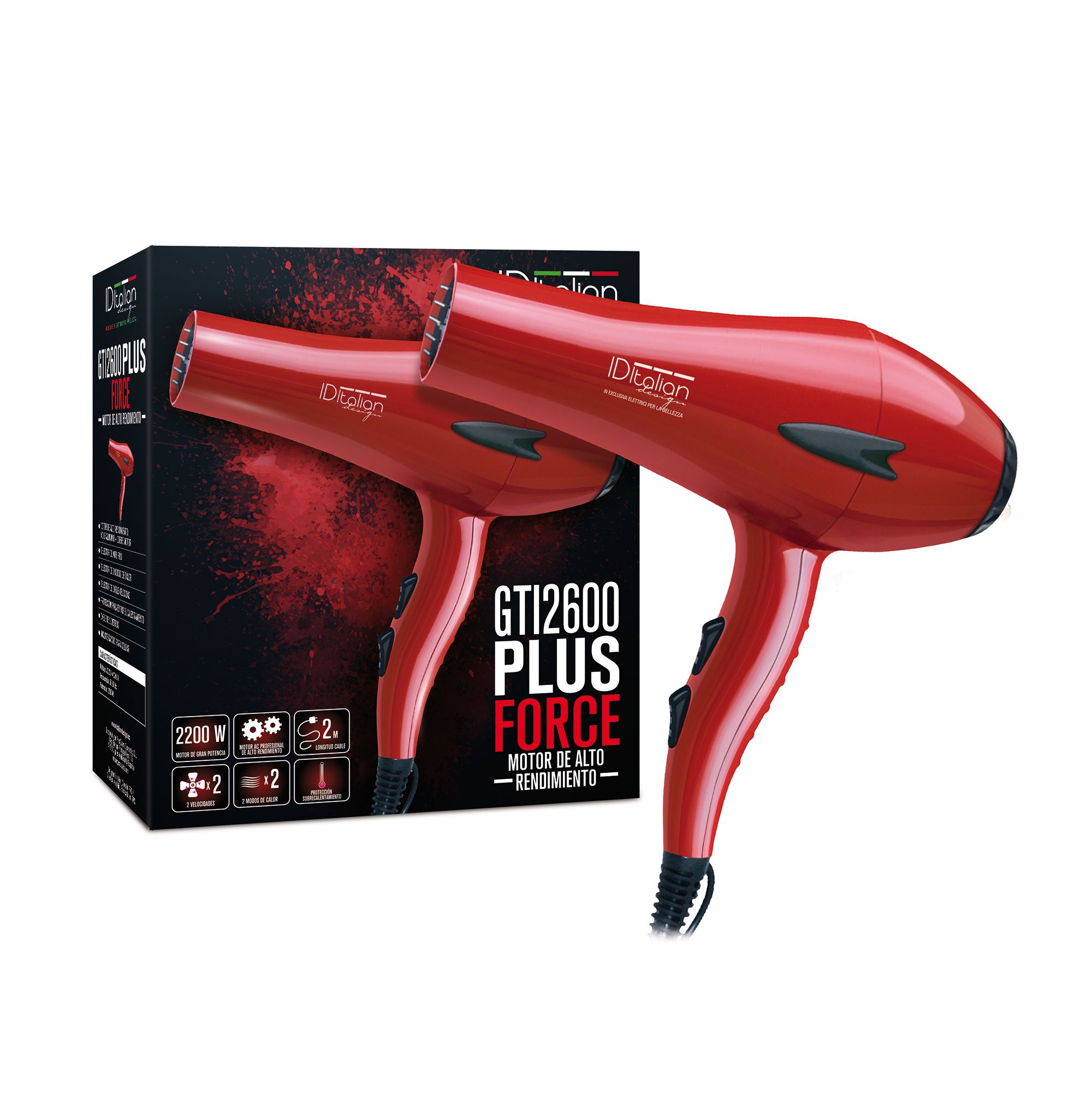 Zwei rote Haartrockner vor einer Verpackung mit Produktinformationen. "GTI2600 PLUS FORCE" und "IDItalian Style" sichtbar.