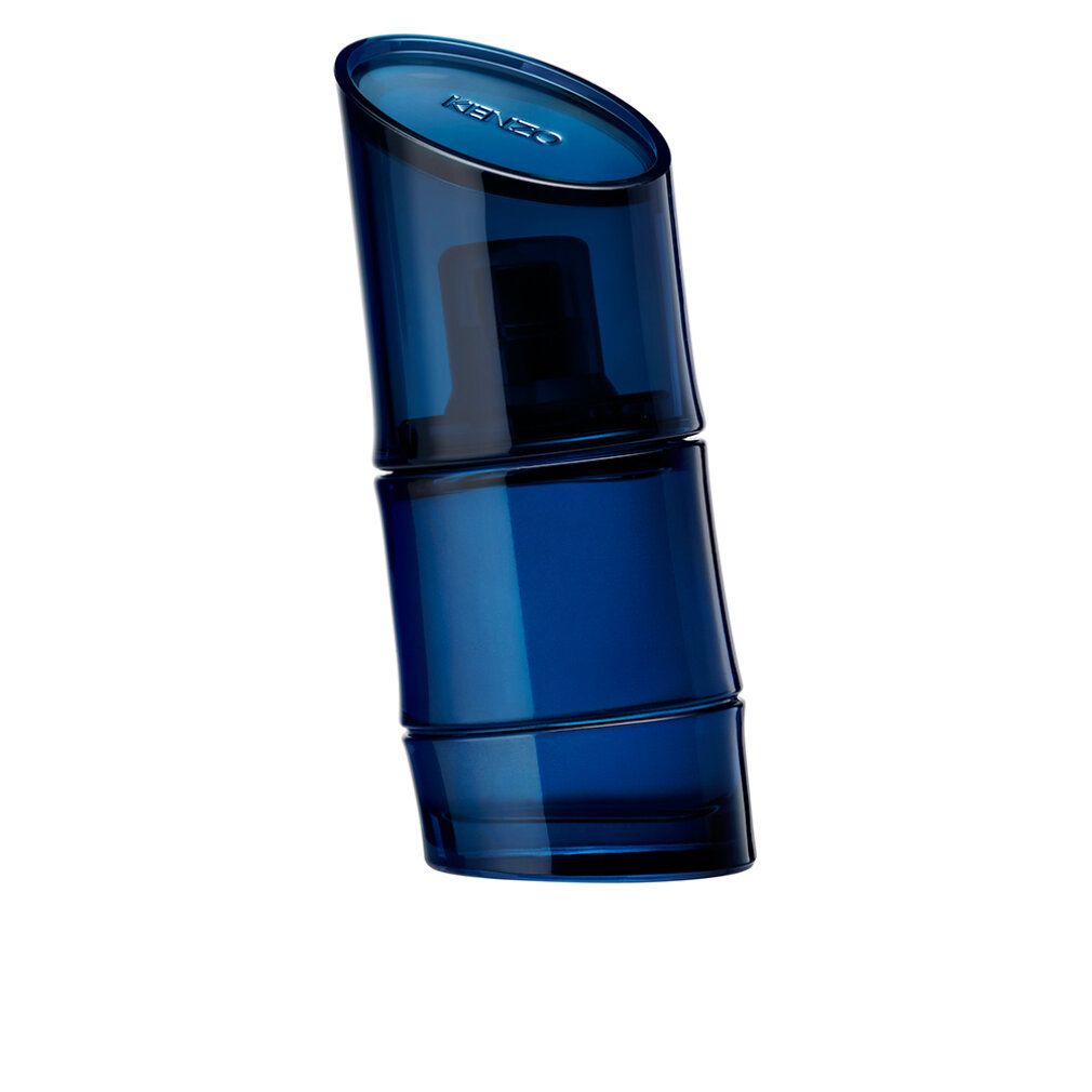 Blaue Kenzo Homme Intense Eau de Toilette Flasche. Bambus-Design. Schräg gestellt.
