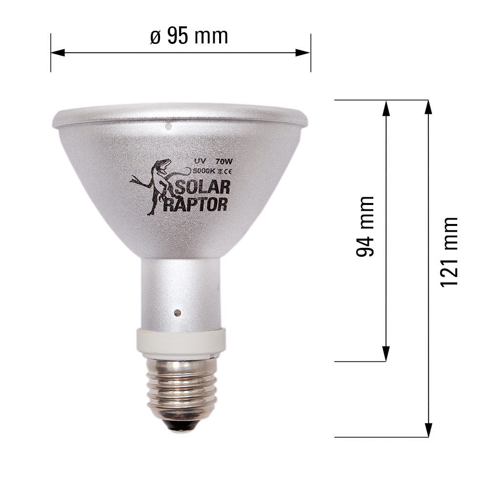 Silberfarbene Lampe mit Abmessungen. Durchmesser 95 mm, Höhe 94 mm, Gesamthöhe 121 mm. Logo und Produktbezeichnung.