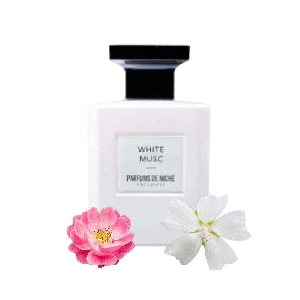 Weißer Flakon mit schwarzem Verschluss. Aufschrift: White Musc, Parfums de Niche. Zwei Blüten daneben.