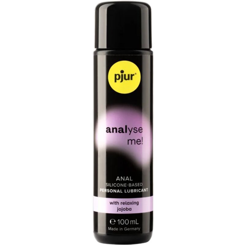 Flasche mit schwarzem Deckel. Aufschrift: pjur, analyse me!, Anal Silicone-Based Personal Lubricant, Jojoba. 100ml.