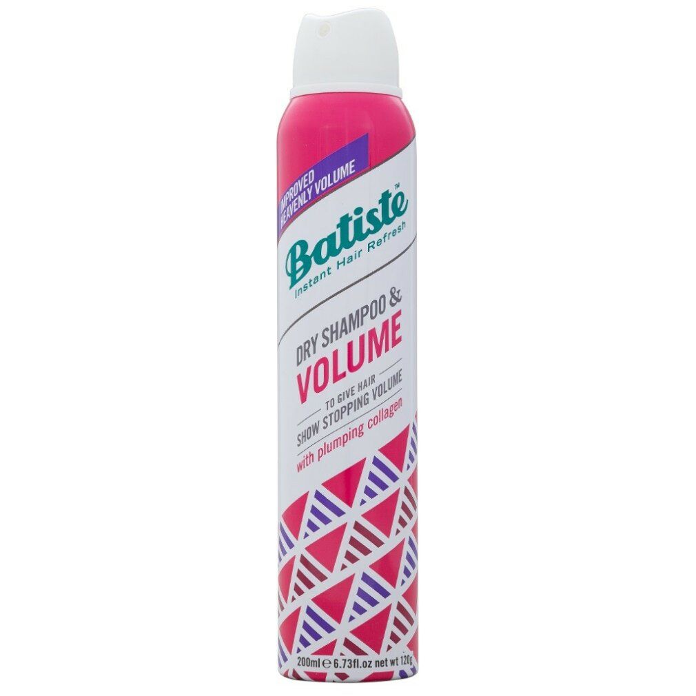Rosa Sprühdose mit weißem Deckel. Aufschrift: Batiste Dry Shampoo & Volume. Muster aus Dreiecken und Linien.