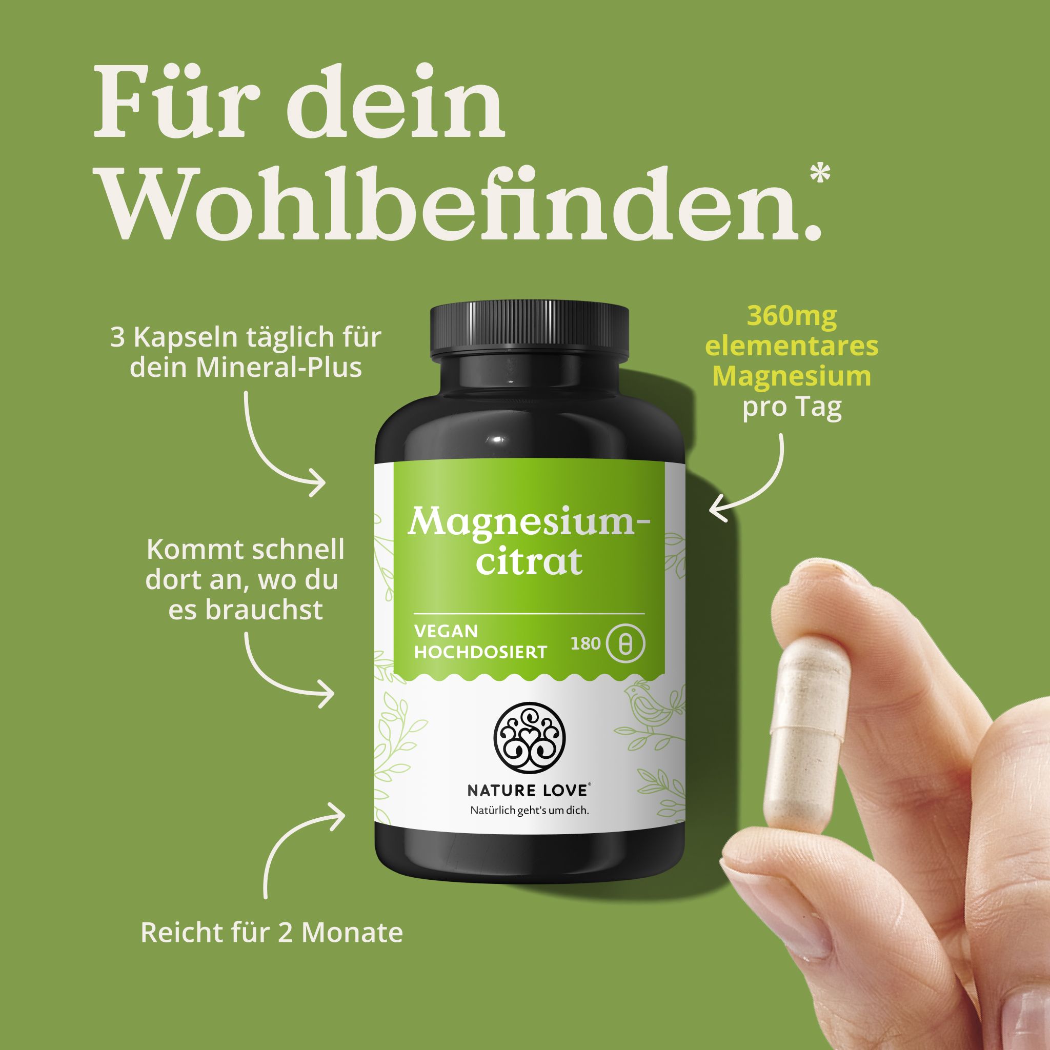 Flasche NATURE LOVE Magnesiumcitrat, 180 Kapseln, und eine Kapsel. Text: Für dein Wohlbefinden.