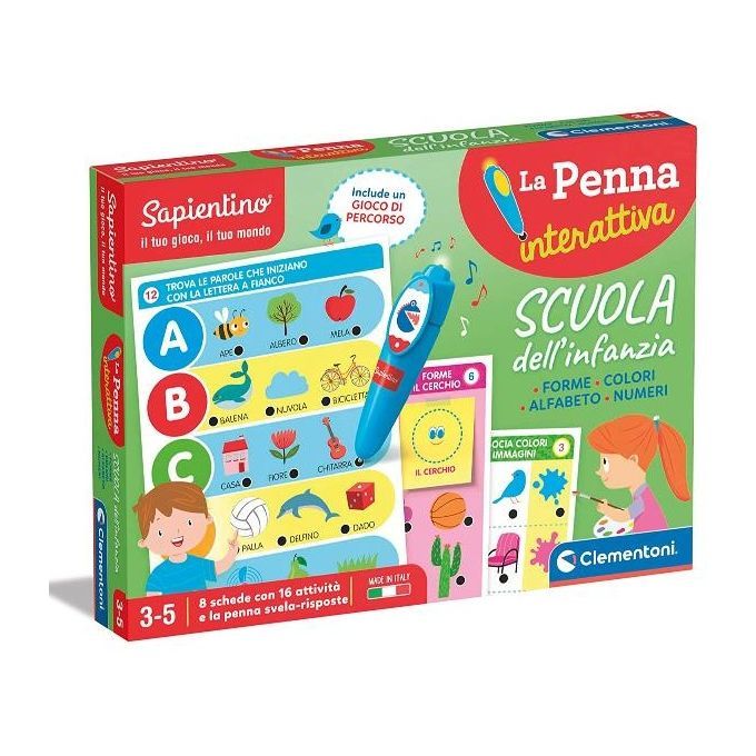 Confezione Sapientino Scuola dell'infanzia. Include penna interattiva, schede e illustrazioni. Logo Clementoni.